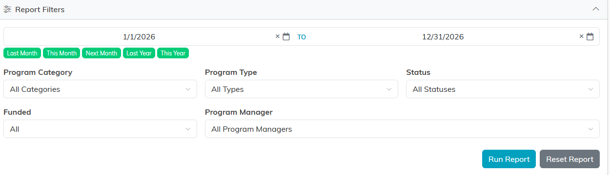 The Report Filters panel on the Program Impact and Outcomes Report, with date range, Program Category, Program Type, Status, Funded and Program Manager