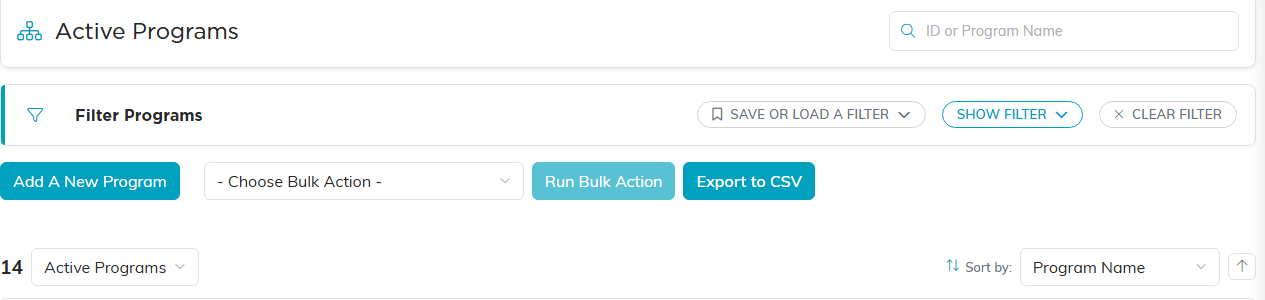 Program List controls: search box, Filter Programs bar, Add A New Program, Export to CSV, view switcher and Sort by