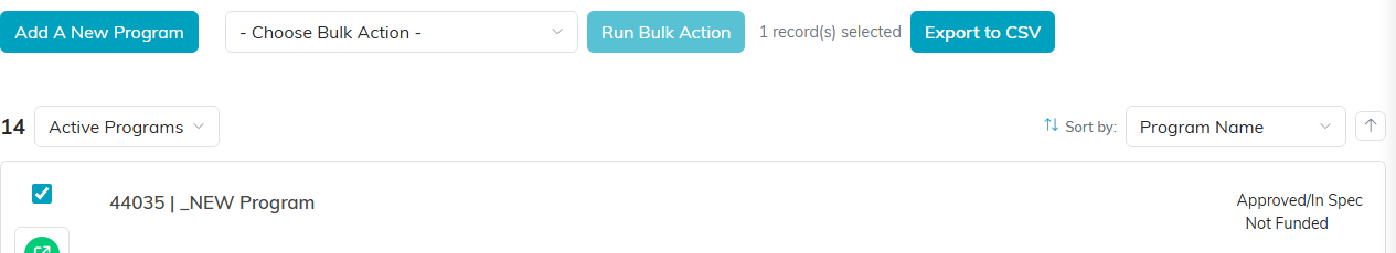 A program selected by checkbox, with the record count and the Choose Bulk Action dropdown above the list