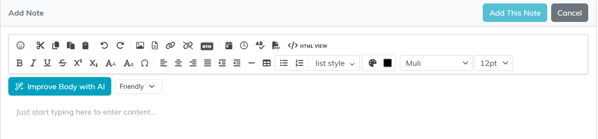 Add Note box with an editor, an Add This Note button and a Cancel button