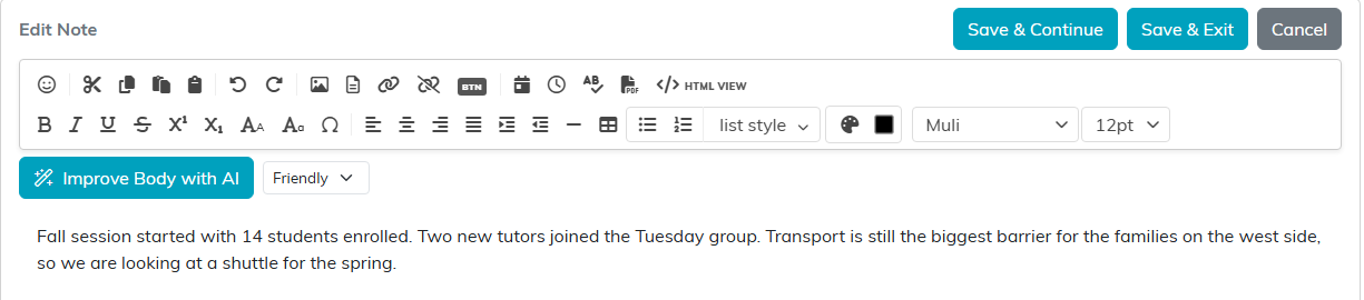 Edit Note box with the note text in the editor and Save and Continue, Save and Exit and Cancel buttons