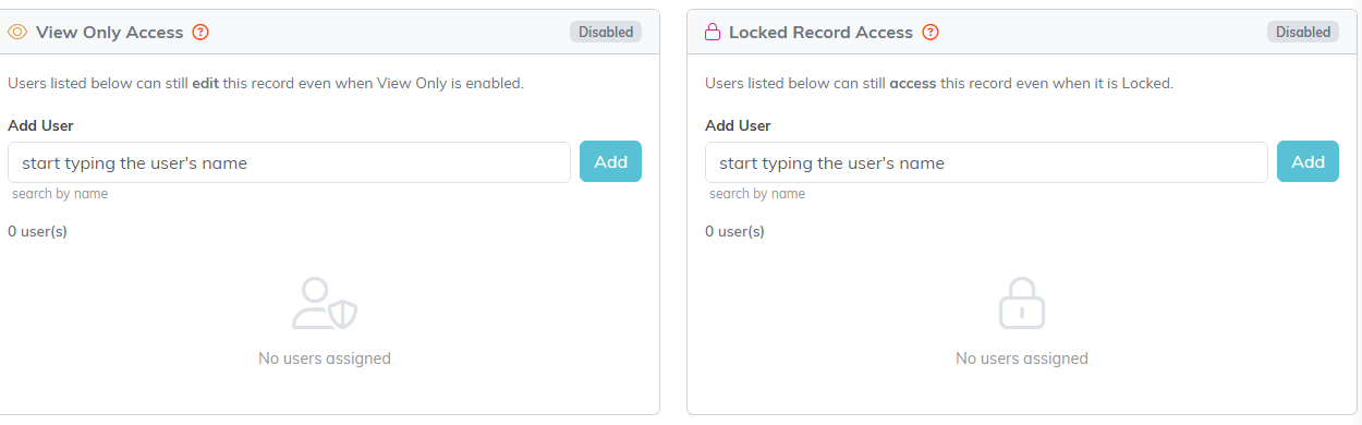 The Record Permissions page with the View Only Access and Locked Record Access panels, each with an Add User box