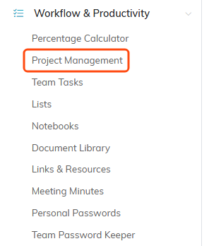 The Workflow and Productivity menu expanded with Project Management highlighted