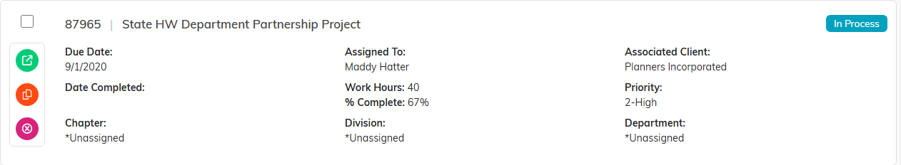A project card on the project list showing the number, title, status badge and details