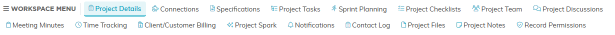 The Project Workspace menu listing all of its pages