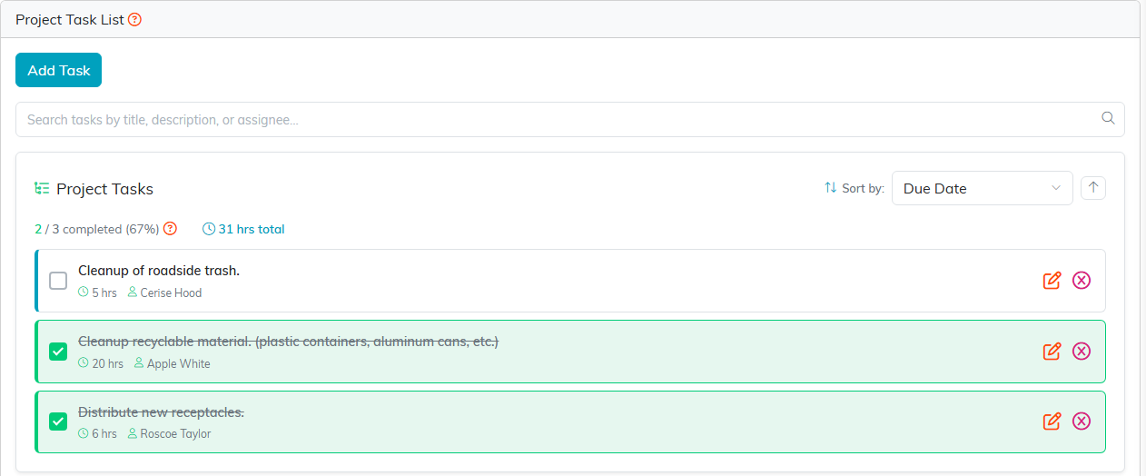 The Project Tasks page showing the Add Task button and three tasks, two of them ticked