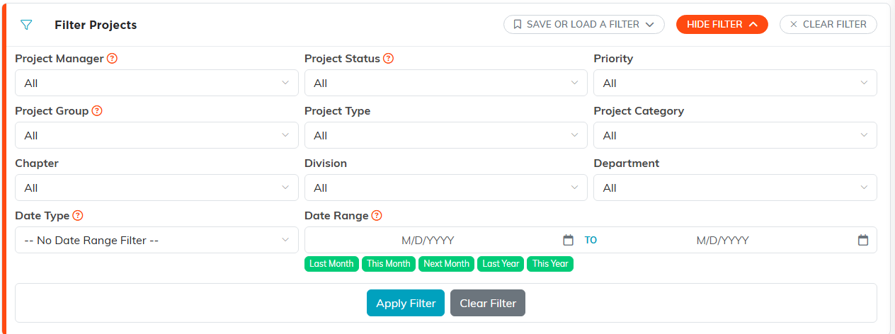 The project filter panel open, showing the manager, status, priority, group, type, category, chapter, division, department, date type and date range fields