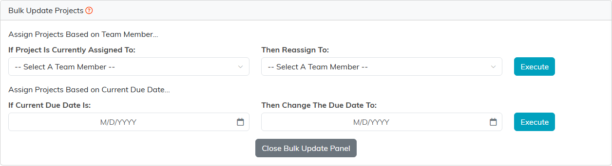 The Bulk Update Projects panel with the currently assigned to and reassign to dropdowns
