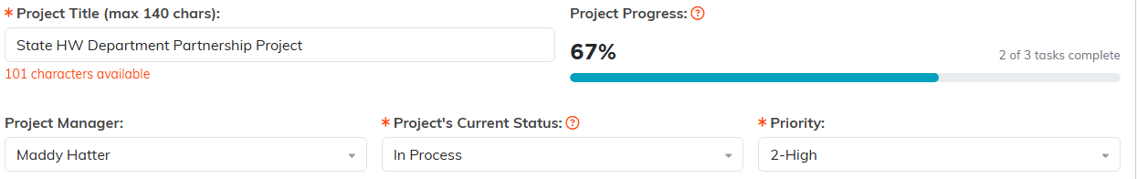Project Details showing the Project Manager dropdown beside the status and priority