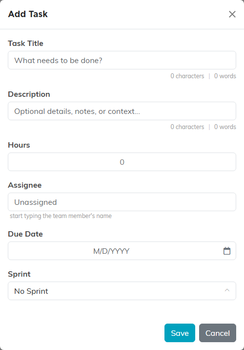 The Add Task box with Task Title, Description, Hours, Assignee, Due Date and Sprint