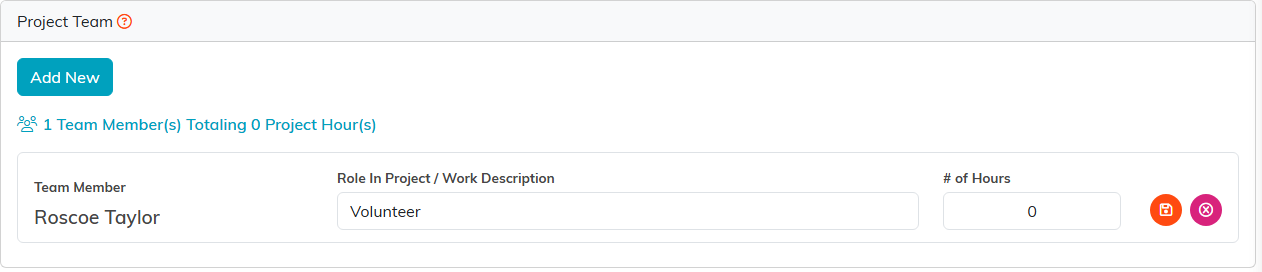 The Project Team page with the Add New button, the member count and one team member row