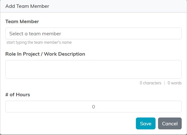 The Add Team Member box with Team Member, Role In Project and number of hours
