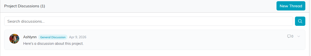 The Project Discussions page with the thread count, the New Thread button, the search box and one thread