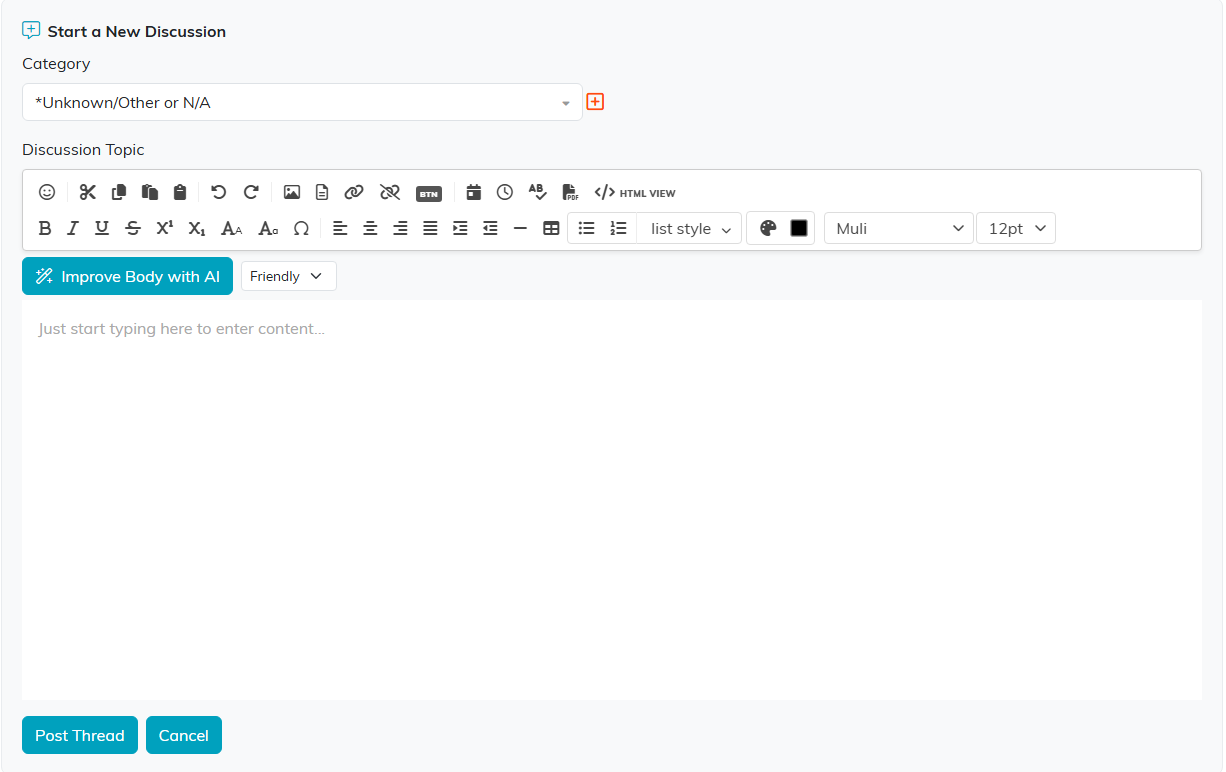 The Start a New Discussion form with a Category dropdown, a Discussion Topic editor and the Post Thread button