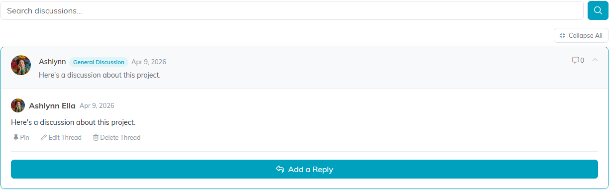 An open discussion thread showing the original post, the Pin, Edit Thread and Delete Thread links and the Add a Reply button