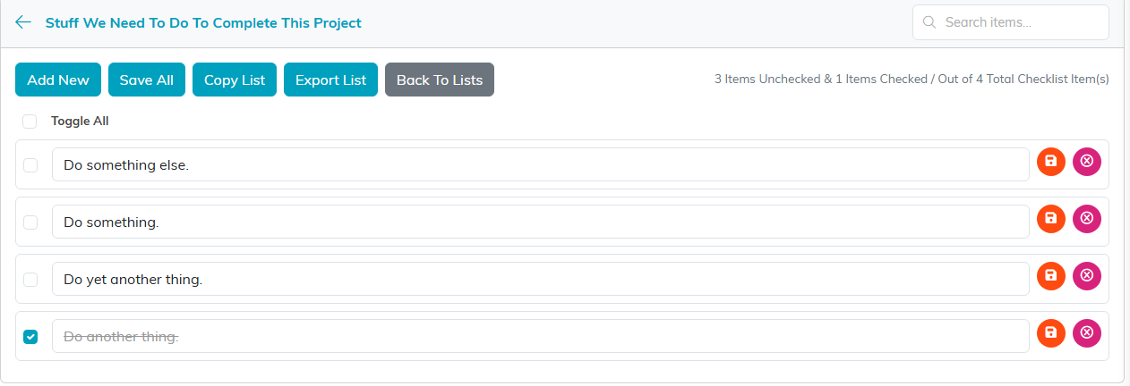 The items panel for a checklist, showing Toggle All and four items with one ticked