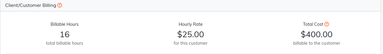 The Client slash Customer Billing page showing billable hours 16, hourly rate 25 dollars and total cost 400 dollars