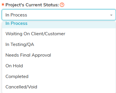 The project status dropdown scrolled to the bottom, showing On Hold, Completed and Cancelled slash Void