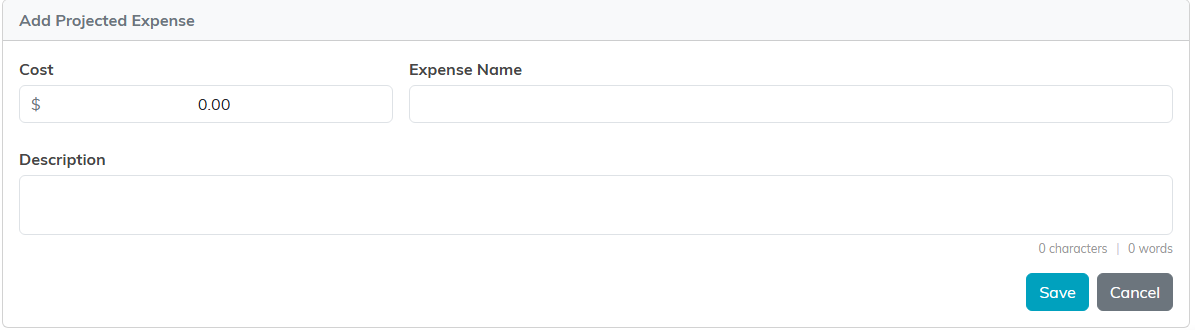 The Add Projected Expense form with Cost, Expense Name and Description fields and Save and Cancel buttons