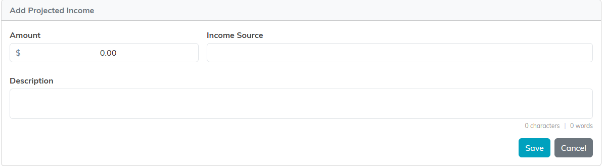The Add Projected Income form with Amount, Income Source and Description fields and Save and Cancel buttons