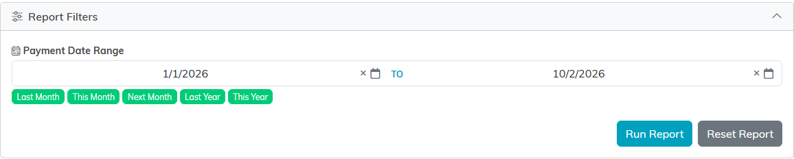 The Report Filters card with the Payment Date Range from January 1, 2026 to October 2, 2026, the quick range buttons, and Run Report and Reset Report