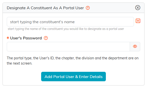 The Designate A Constituent As A Portal User card with a constituent search box, the User's Password field and the Add Portal User and Enter Details button