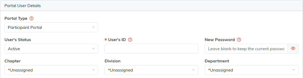 The Portal User Details card with Portal Type, User's Status, User's ID, New Password, Chapter, Division and Department