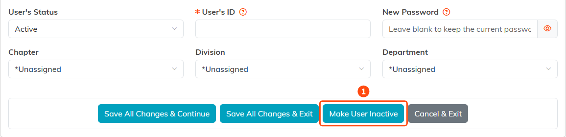 The Portal User Details buttons with Make User Inactive outlined