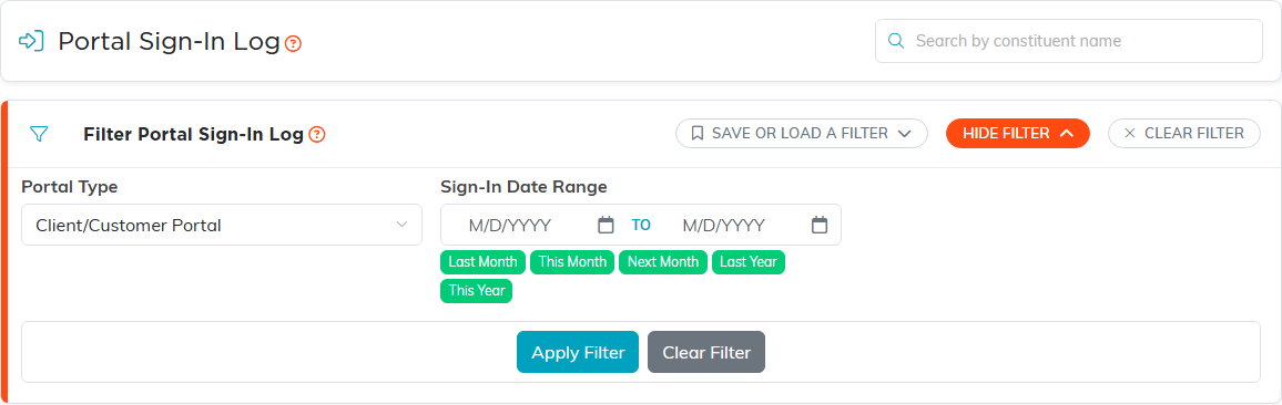 The Portal Sign-In Log with its filter open, showing Portal Type and Sign-In Date Range