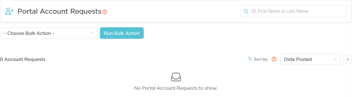 The Portal Account Requests list with its bulk action menu and Run Bulk Action button