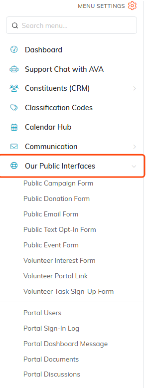 The left sidebar with Our Public Interfaces open, outlined in orange, listing the public campaign, donation, email, text opt-in, event and volunteer forms above the portal links