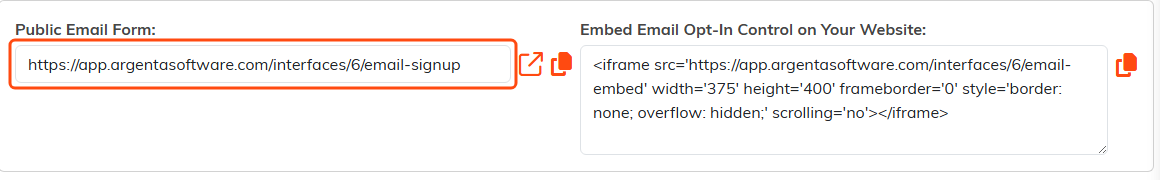 The Public Email Form link in a read-only box outlined in orange, with an open-in-new-tab icon and a copy icon beside it, and the website embed code in its own box to the right