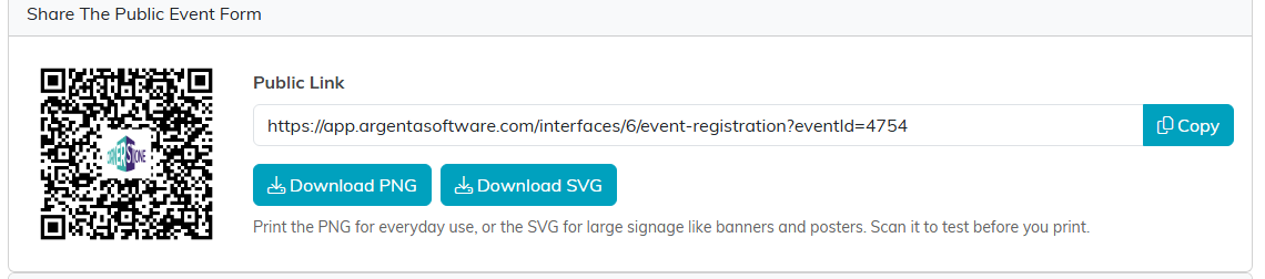 The Share The Public Event Form card on one event, showing the QR code with the organization logo in the middle, the public link with a Copy button, and Download PNG and Download SVG buttons