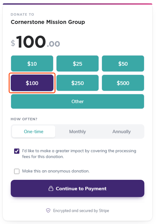 The public donation form opened from a link ending in Amount=100, showing $100.00 as the gift and the $100 button already selected and outlined in orange