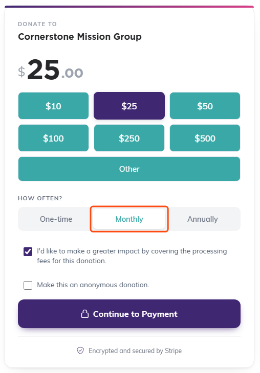 The public donation form opened from a link carrying Amount=25 and Recurrence=monthly, showing $25.00 selected and Monthly outlined in orange under How Often