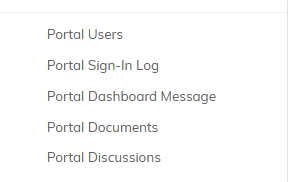 The portal links in the Our Public Interfaces menu: Portal Users, Portal Sign-In Log, Portal Dashboard Message, Portal Documents and Portal Discussions