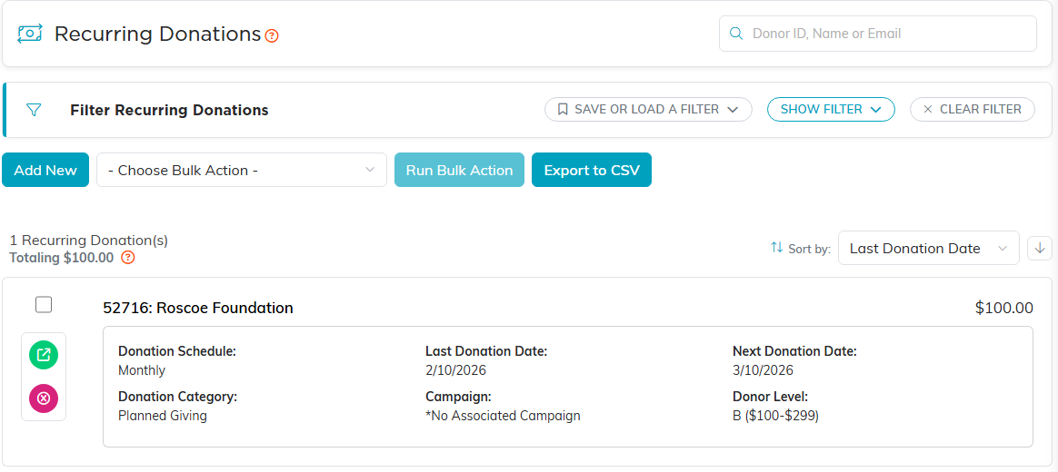 The Recurring Donations list showing a gift with its schedule, last donation date and next donation date