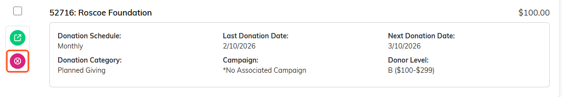 A recurring donation row with the pink delete icon highlighted