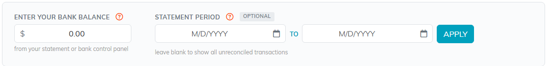 The Enter Your Bank Balance field and the optional Statement Period dates with APPLY