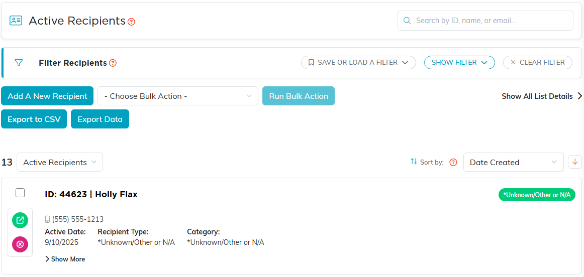 The Active Recipients list with the search box, Filter Recipients bar, Add A New Recipient, Export to CSV, the Active Recipients dropdown, Sort by, and one recipient row