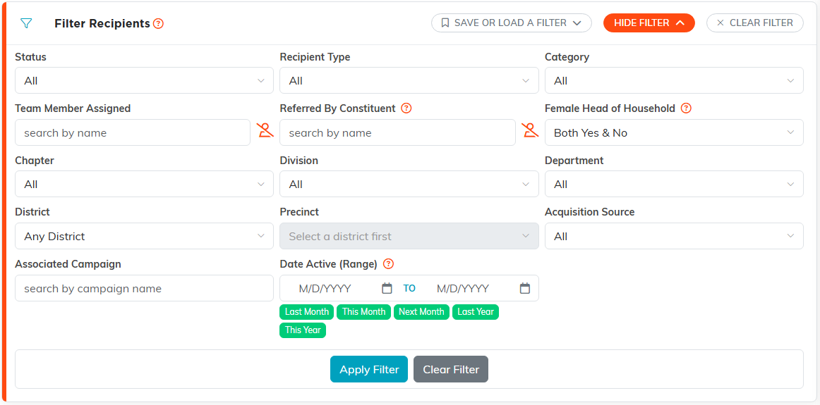 The Filter Recipients panel open, showing Status, Recipient Type, Category, Team Member Assigned, Referred By Constituent, Female Head of Household, Chapter, Division, Department, District, Precinct, Acquisition Source, Associated Campaign and Date Active (Range), with Apply Filter and Clear Filter