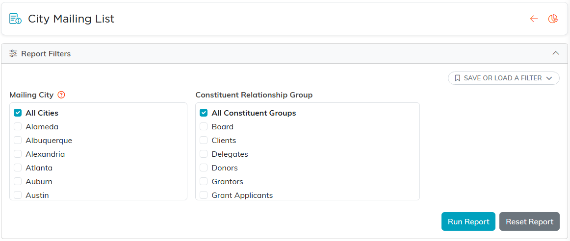 The City Mailing List report filters, with a Mailing City checklist, a Constituent Relationship Group checklist, and the Run Report button
