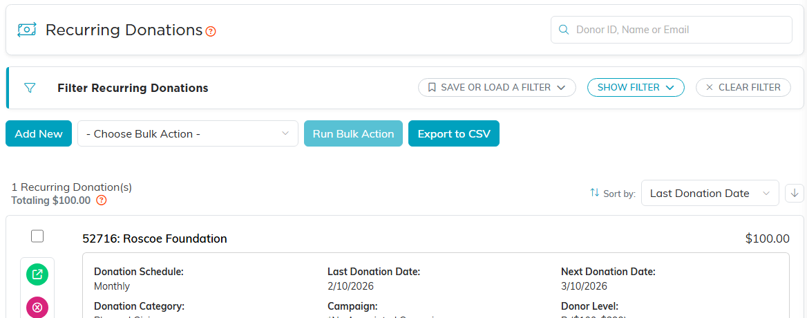 The Recurring Donations list showing each schedule and next date