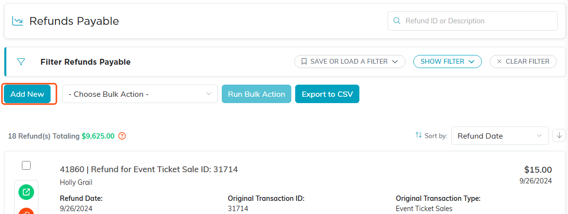 The Refunds Payable list with the Add New button highlighted