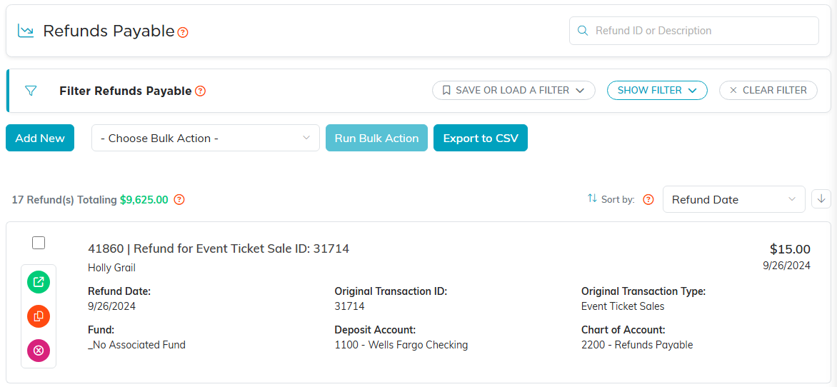 The Refunds Payable list, with its search box, filter and refunds