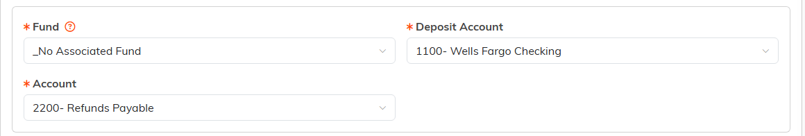 The Fund, Deposit Account and Account fields on a refund