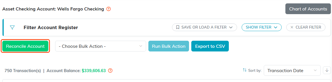 The account register with the green Reconcile Account button highlighted