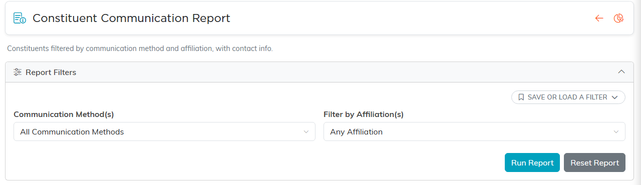 The Constituent Communication Report with its method and affiliation filters