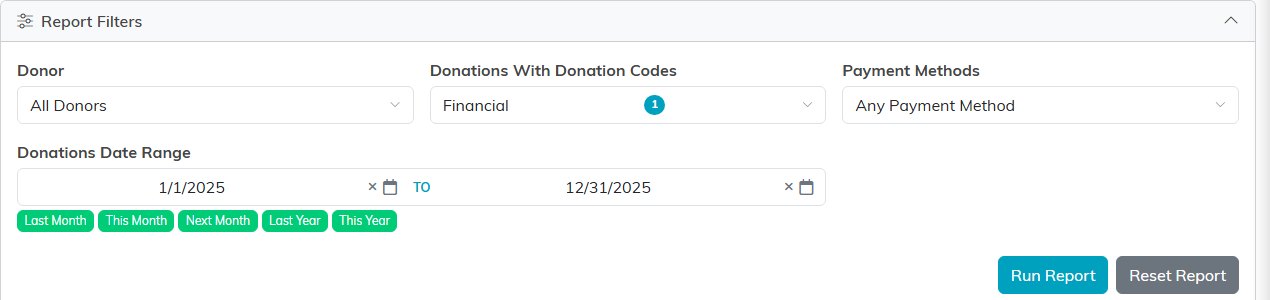 The report filters for donor, donation codes, payment methods and date range