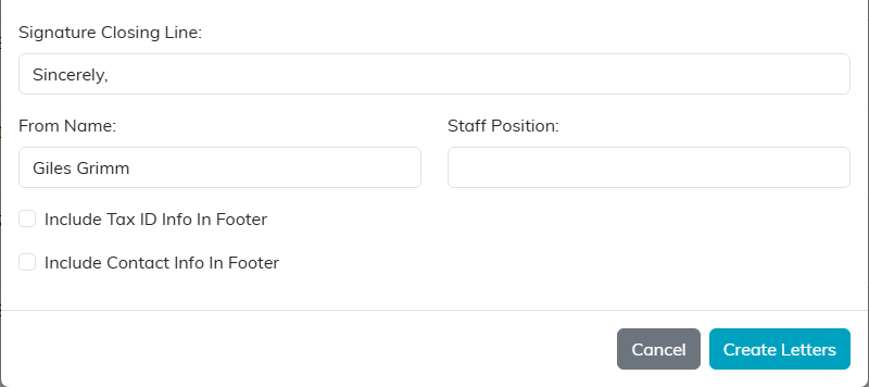 The signature and footer options at the bottom of the Format Thank You Letter window
